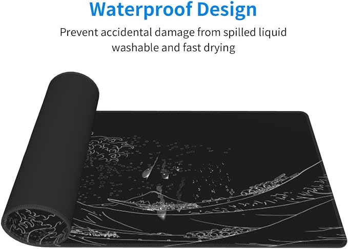 Japanese Sea Wave Large Mouse Pad, Anime Black Gaming, Extended Kanagawa Mat Desk Pad, 3mm Thick Long Non-Slip Rubber Base Mice Pad, 31.5 X 11.8 Inch - Image 4