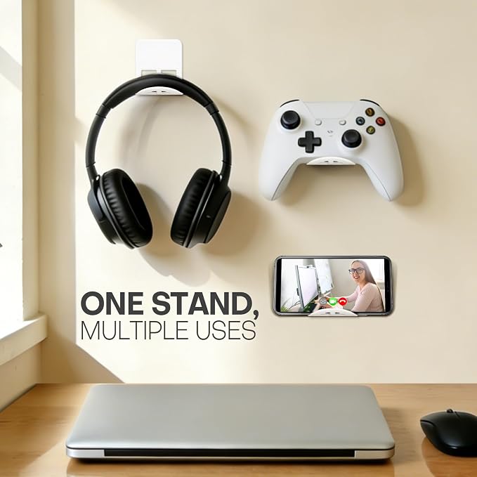 Wall Mount Headphone Stand, 2-in-1 Bendable Silicone Controller Holder, Adhesive Under Desk Hook for Gaming Office & Home, Fits All Headphones for PS5 Xbox Controllers - 1 Pack (Black/White) - Image 2