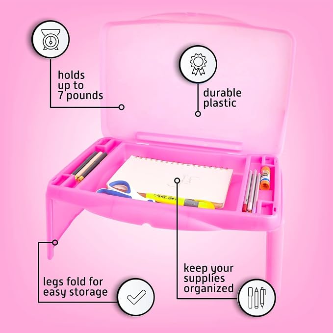 MAVOCRAFT Foldable Kids Lap Tray with Storage - Portable Lap Desk Kids & Adults - Kids Lap Desk for Breakfast in Bed, Serving Tray, Car Desk & Gaming (Pink) - Image 3