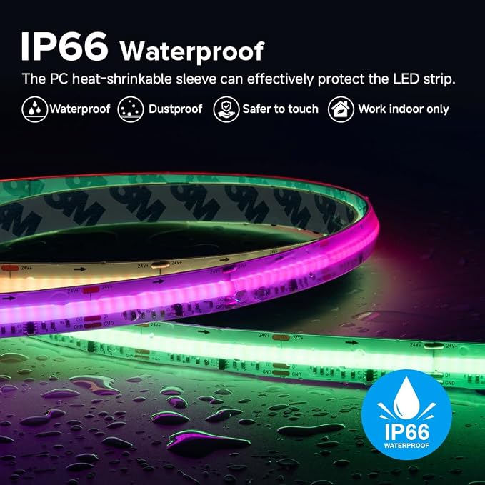 BTF-LIGHTING IP66 RGB WS2811 Smart IC FCOB COB LED Strip, UL Listed 864LEDs/m High Density Color Chasing Uniform Light, DC24V 16.4FT 12mm Width Tape Light for Home DIY Decor(No Adapter or Controller) - Image 3
