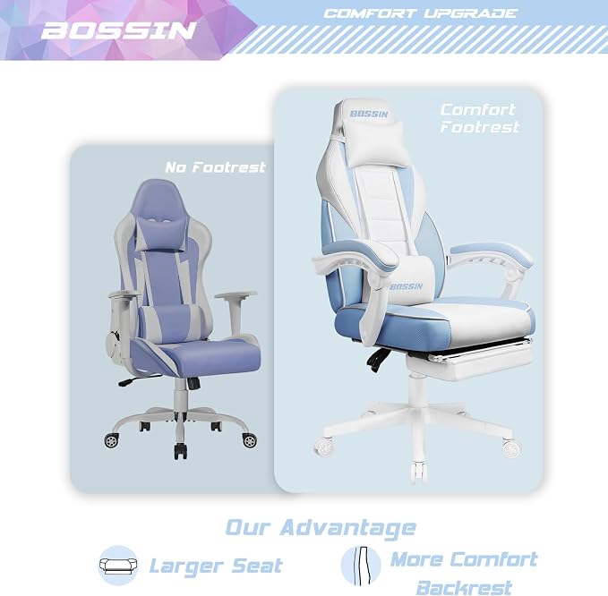 BOSSIN Gaming Chair with Massage, Ergonomic Heavy Duty Design with Footrest and Lumbar Support, Large Size Cushion High Back Office Chair, Big and Tall Gaming Computer Chair for Kids（White and Blue） - Image 4