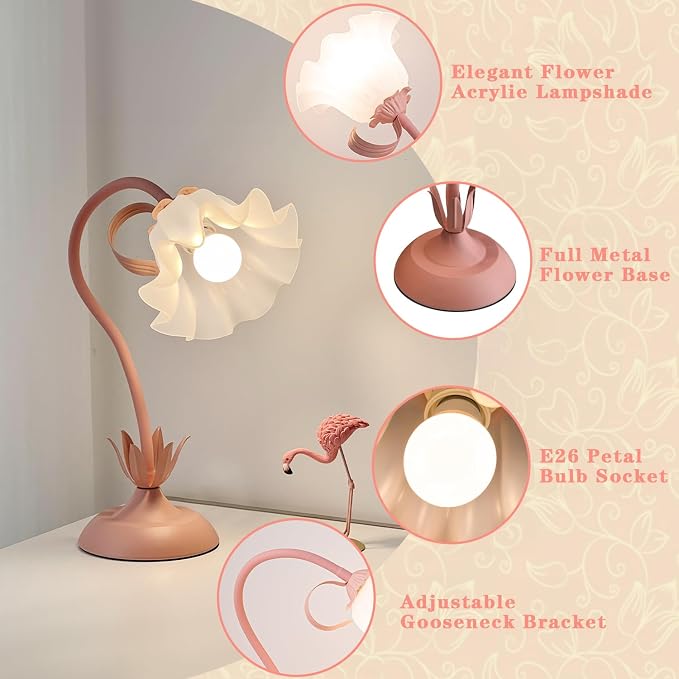 WERFOP Flower Desk Lamp Cute Pink Table Lamp for Bedroom Girls Room - Image 3