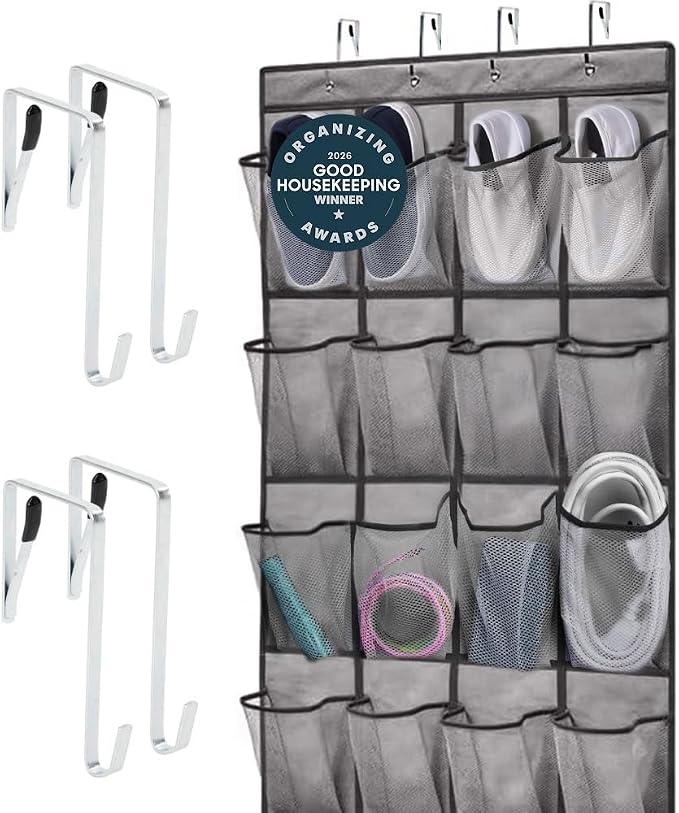 GORILLA GRIP Over the Door Shoe Organizer, 24 Large Pockets, Gray by Unknown