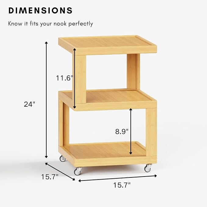 ZIYOO End Table Set of 2, 3-Tier Mobile Side Table with Wheels, Wooden Night Stand, Unique Floating Design Storage Organizer for Bedroom, Living Room, Small Spaces, Natural - Image 3