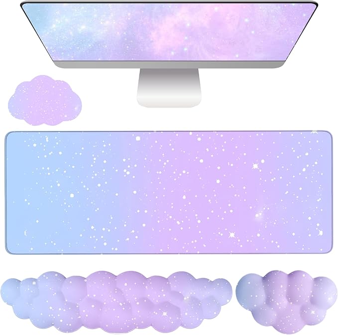 Cloud Mouse Pad Keyboard Wrist Rest 4PCS Extended Large Galaxy Stars Desk Mat Pad Set Memory Foam Non-Slip Cute Ergonomic Gaming Mouse Pad Wrist Support for Computer Home Office Purple Blue by WFCYGL