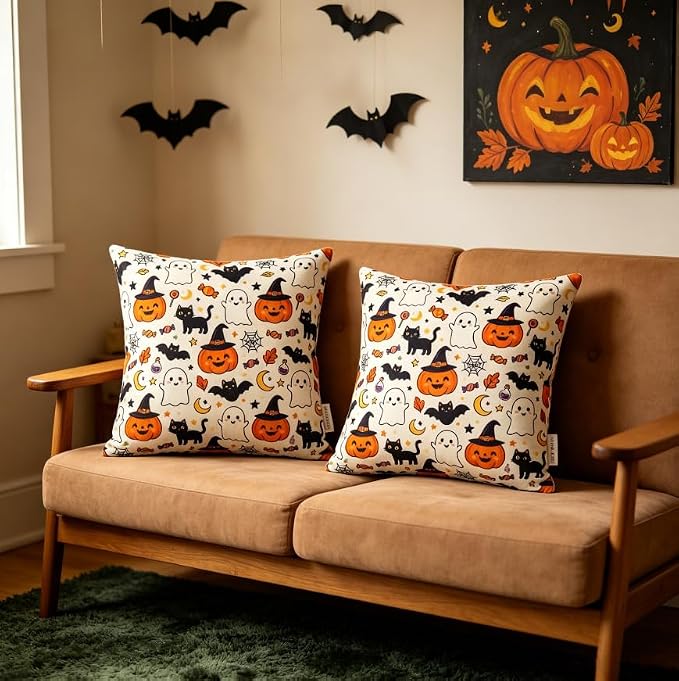 Halloween Throw Pillow Covers, Pumpkin Ghost Linen, 18x18 Inch, Set of 2, Envelope Closure, Living Room Decor - Image 2
