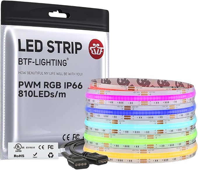 BTF-LIGHTING IP66 RGB COB LED Strip DC12V 16.4FT Color Changing Light by BTF-LIGHTING