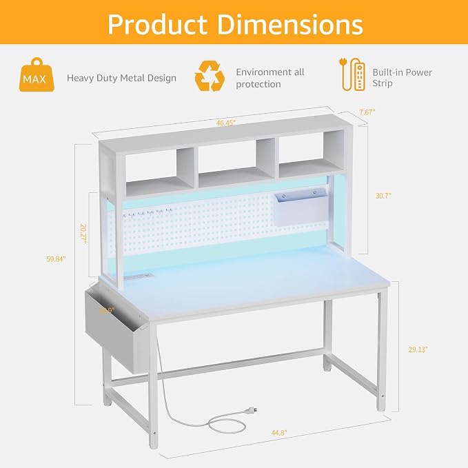 White Gaming Desk with Hutch and Pegboard - Computer Desk with Hutch, Power Outlet, 47 Inch Art Desk with Storage, Hooks, RGB and Side Bag, Writing Modern Study Teen Desks for Girl Bedroom Home Office - Image 3
