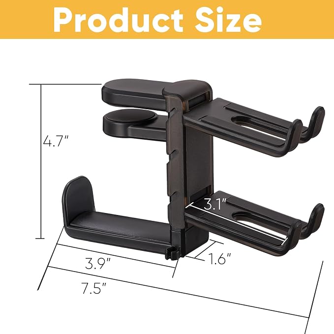 3 in 1 Under Desk Headphone Hanger with Adjustable Clamp Mount, 2 Controller Slots & 1 Headset Universal Holder Stand, Rotatable Hook Rack & Cable Organizer, for Home Gaming Xbox ps5 - Black - Image 7