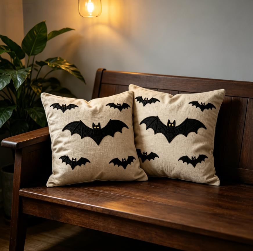 Halloween Bat Throw Pillow Covers, Beige Linen, 18x18 Inch, Set of 2, No Insert Included - Image 6