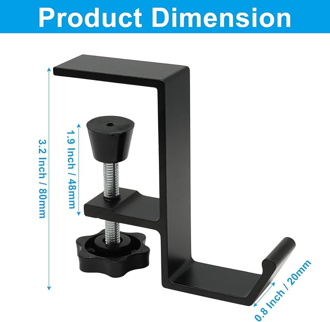 Aluminum Headphone Hanger, Desk Bag Hook Holder Headset Stand Hook Mount - Under Desk Clamp Mount for Gaming, Office & Home Organization(Black) - Image 3
