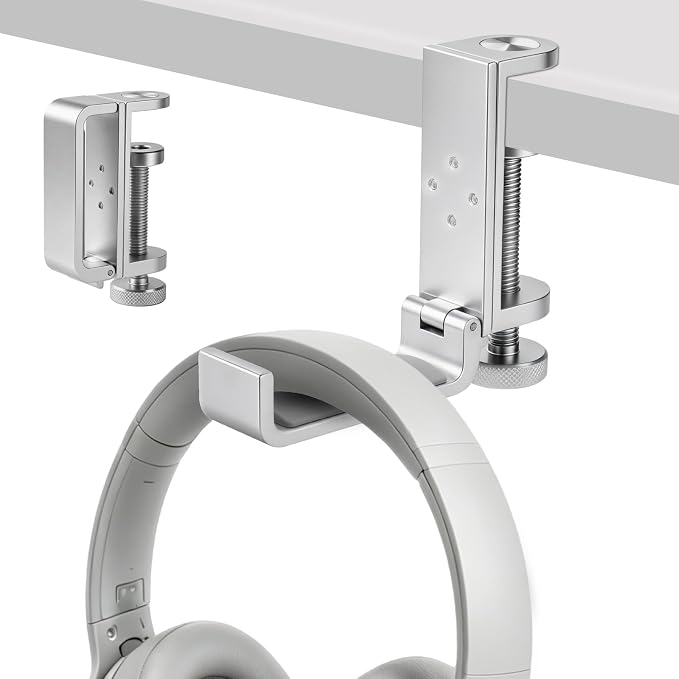 All Aluminum Foldable Headphone Holder for Desk, Headset Stand for Desk,Backpack Holder Hook for Desk,Table Bag Hook,Under Desk Clamp Hook for Gaming PC Accessories,Steel Silver - Image 2