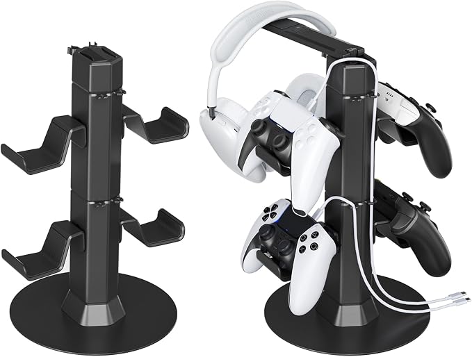 Gaming Controller & Headset Holder Stand for Desk, with Charger Cable Organizer Headphone Stand for PS5/ Xbox/ PS4/ Switch, Metal Base Controller Hook for Storage with 360° Rotatable Hanger- 2 Tiers by KOSKER