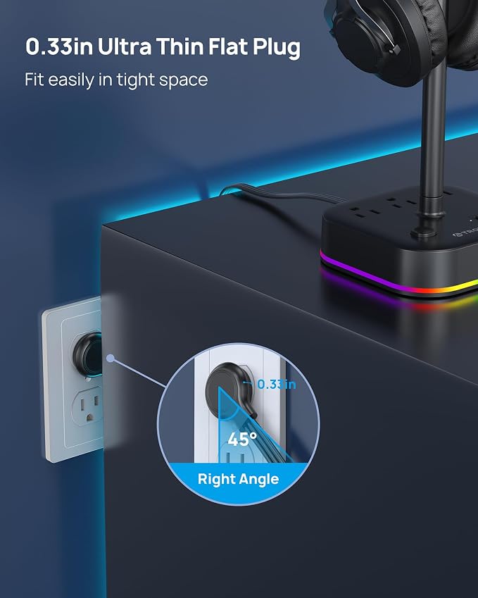 TROND Headphone Stand with USB C, Desk Gaming Headset Holder with 3 AC Outlets, 2 USB-A and 1 USB-C, Headset Stand with 5 RGB Light Modes, for Gaming Desk Accessories Gamer Boyfriend Gifts | 2 USB A and 1 USB C, Headset Stand with 5 RGB Light Modes, fo... - Image 6