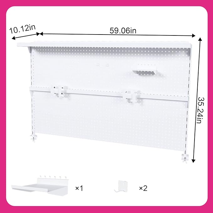 Majnesvon Clamp On Pegboard-Metal Office Pegboard Organizer with Monitor Stand, Peg Board Gaming for Desk with Hooks & Movable Partition, Office Storage Shelf for Workstation Setup (White 59x35 Inch) - Image 2