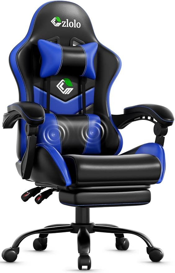 Czlolo Gaming Chair with Footrest Racing Style Lumbar Support Massager Video Game Chair with Metal Legs, High Back Gamer Chair with Headrest, 360° Swivel Office Computer Desk Chair, Navy Blue by GamersChoice