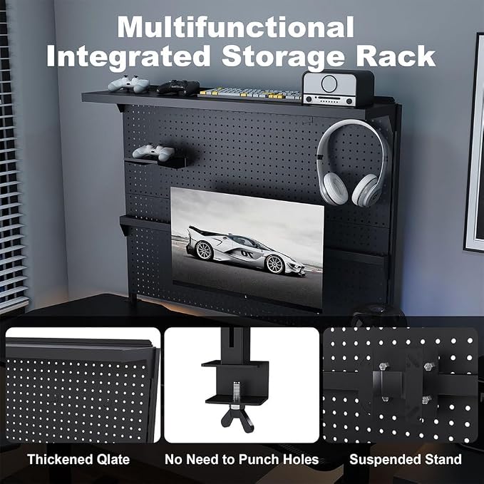 Clamp-On Desk Pegboard with Single Monitor Stand, 43" Steel Peg Board Organizer for Office & Gaming Setup, Modular Storage with Hooks & Movable Partition, Fits 0.59"–1.77" Desks, Black - Image 5