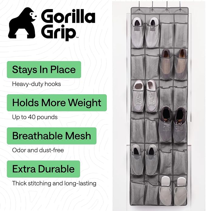 GORILLA GRIP Over the Door Shoe Organizer, 24 Large Pockets, Gray - Image 2