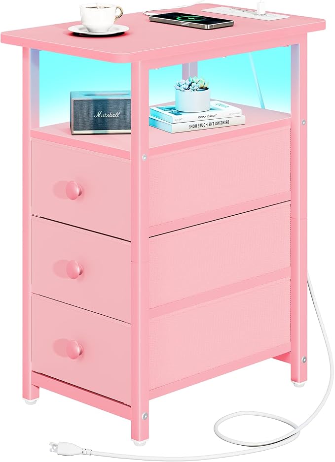 Yoobure End Table with Charging Station, Pink Narrow Nightstand LED Bedside Table, Small Night Stand End Tables Living Room, Skinny Nightstand with 3 Fabric Drawers, Side Table for Small Spaces by Yoobure