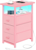 Yoobure End Table with Charging Station, Pink Narrow Nightstand LED Bedside Table, Small Night Stand End Tables Living Room, Skinny Nightstand with 3 Fabric Drawers, Side Table for Small Spaces by Yoobure