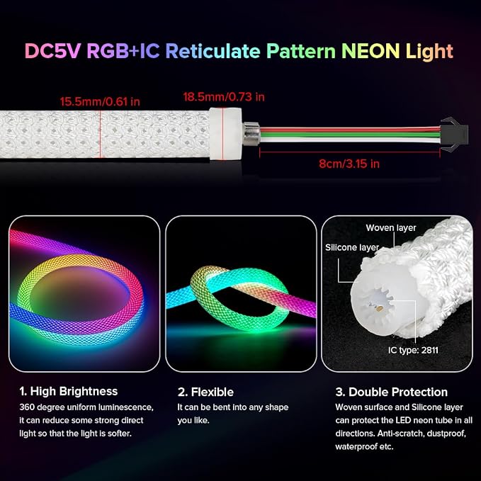 BTF-LIGHTING 16.4FT WS2812B IC RGB Addressable Neon Rope Strip Kit DC5V - Image 6