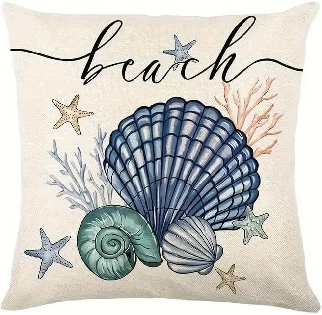 Beach Theme Throw Pillow Covers, 18x18 inches, Set of 4, Coastal Seashell and Starfish Design, Decorative Linen Cases for Living Room - Image 5