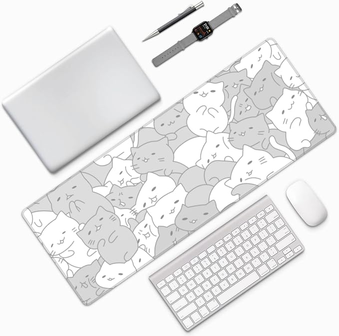 White Kawaii Cats E-Sport Mouse Pad Large Desk Mat Non-Slip Rubber Base Stitched Edge Keyboard Mouse Pad for Office Home E-Sport Computer Laptop, 31.5×11.8 Inches - Image 9