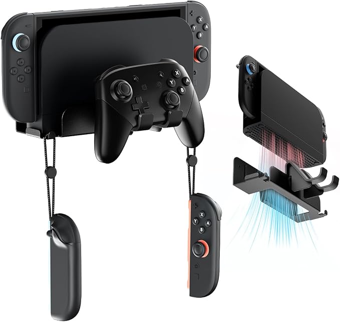 Metal Wall Mount for Nintend0 Switch 2 / OLED / Switch Console, All-in-One Metal Bracket with Pro Controller Holder, Universal Storage Rack for Dock, JoyCons & Pro Controller, Space-Saving Design by OLCLSS