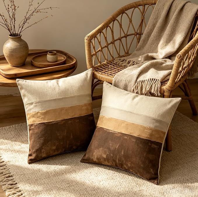 Linen Throw Pillow Covers Set of 2, 18x18in Stripe，Set of 2 Neutral Gradient Horizontal Stripe Linen Throw Pillow Covers 18x18 Boho Cushion Cases - Image 7