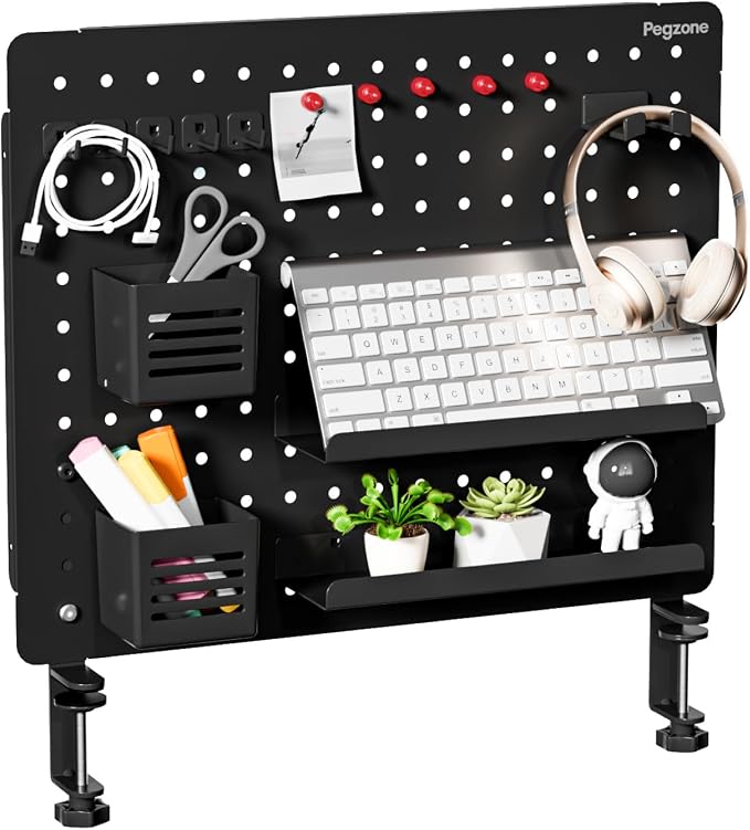 PEGZONE Clamp on Desk Pegboard, 20.4" x 16.5", with 15 Accessories, Black | Magnetic Metal Peg Board, Desk Organizer for Office Gaming Home, Privacy Panel, Large by Pegzone