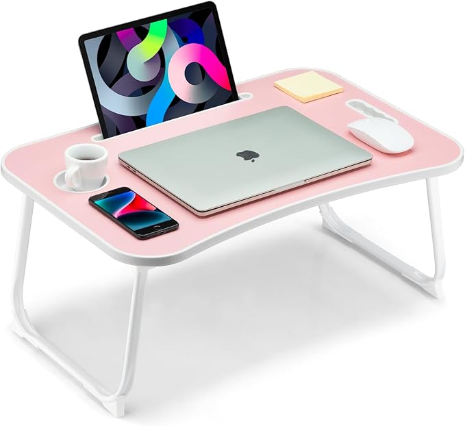 Foldable Lap Desk, Laptop Bed Desk, Portable Lap Table, Laptop Bed Table with Cup Holder & Tablet Slot & Lifting Handle for Working Writing Drawing & Eating - Pink by VIFOCAE