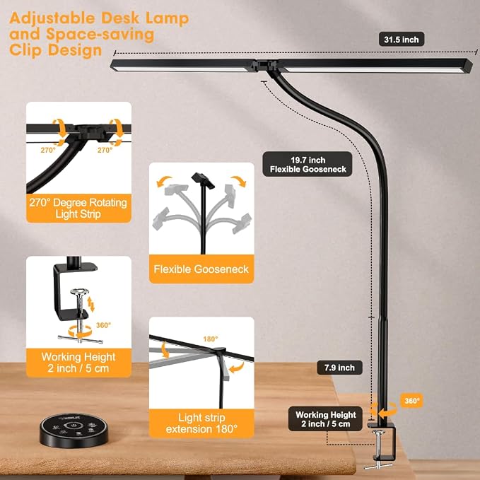 Pzloz Led Desk Lamp for Office Home - Eye Caring Architect lamp with Clamp,Dual Screen Computer Monitor Work Smart Light: 24W 5 Color Flexible Adjustable Lighting Table Lamp for Study Drafting - Image 5