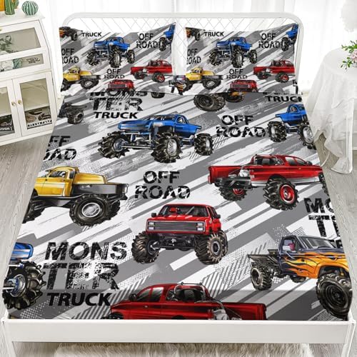 AILONEN Kids Boys Monster Truck Bedding Twin XL Size,Cartoon Truck Fitted Sheet Set Decor,Car Colorful Soft Vehicle Truck Kids Fitted Sheet with 2 Pillowcases,3 Pieces - Image 3