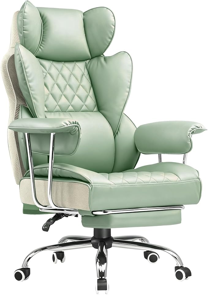 COMHOMA Big and Tall Office Chair, High Back Leather Gaming Chair with Footrest, Executive Ergonomic Office Chairs with Pocket Spring Lumbar Support and with Outward Fixed Soft Armrests by ComHoma