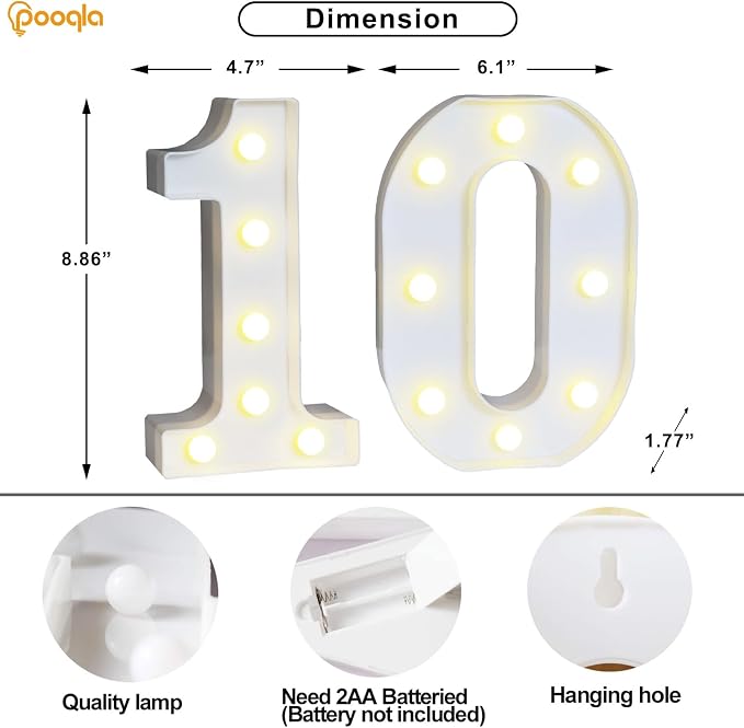 Pooqla 10th Birthday Decoration for Girls Boys, Decorative LED Light Up Numbers, Marquee Numbers 10 Sign for Party Backdrop 10th Wedding Anniversary Decor, Warm White and Cool White Number 10 - Image 5