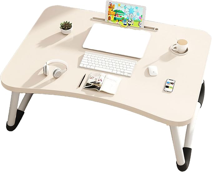 Foldable Laptop Bed Desk for Laptop, 23 Inch Portable Ergonomic Lap Desk with Cup Holder, Bed Tray Table Fits Up to 17" Laptops, for Work from Home, Gaming, Writing, Eating (White) by Unknown