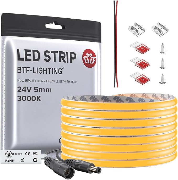BTF-LIGHTING FCOB Thin 5mm Width COB LED Strip Light Warm White 3000K by BTF-LIGHTING