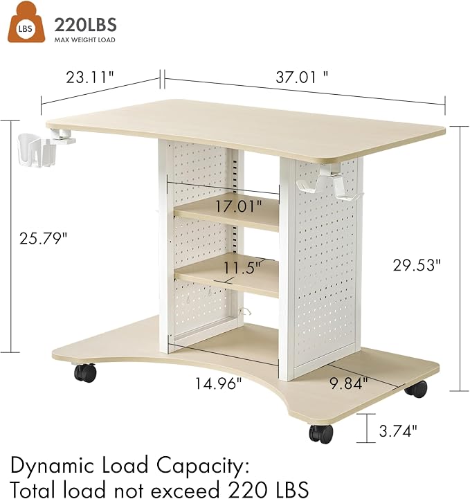 EUREKA ERGONOMIC Gaming Desk Computer, 37" Rolling Desk on Wheels for Small Space, Mobile Computer Cart with Pegboards Adjustable Shelves for Gaming PS Switch, Craft Station, Home Office - Maple - Image 7