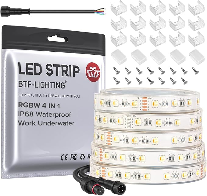 BTF-LIGHTING RGBW LED Strip IP68 Waterproof Warm White DC24V 16.4FT 300LED by BTF-LIGHTING