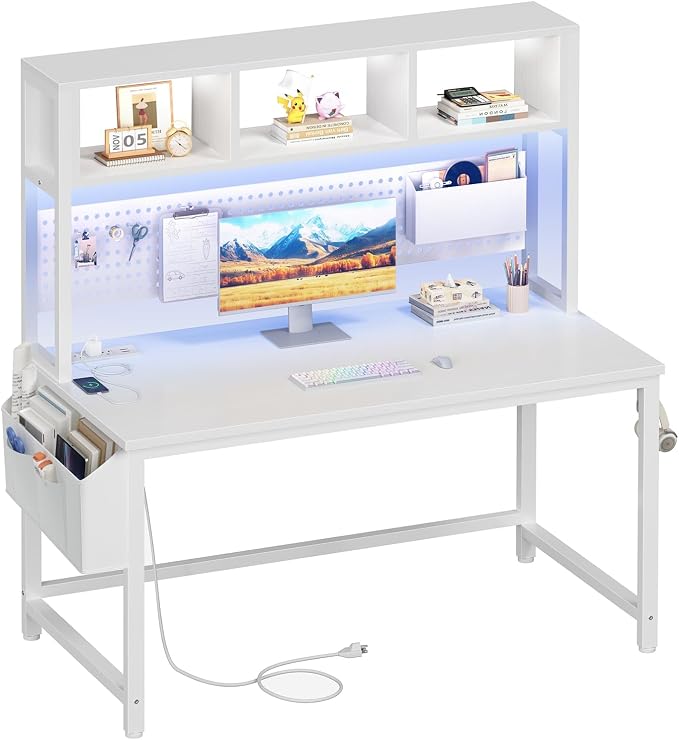 White Gaming Desk with Hutch and Pegboard - Computer Desk with Hutch, Power Outlet, 47 Inch Art Desk with Storage, Hooks, RGB and Side Bag, Writing Modern Study Teen Desks for Girl Bedroom Home Office by Unknown