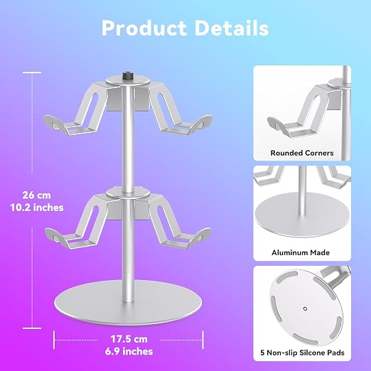 DGPCT Aluminum Rotating Controller Stand for Xbox/PS5/Switch, 2-Tier | 6 Hangers to Place, Holds Headset & Controllers, Stable Controller Organizer Rack, Fits for Switch Pro/PS4 and More, Silver - Image 6