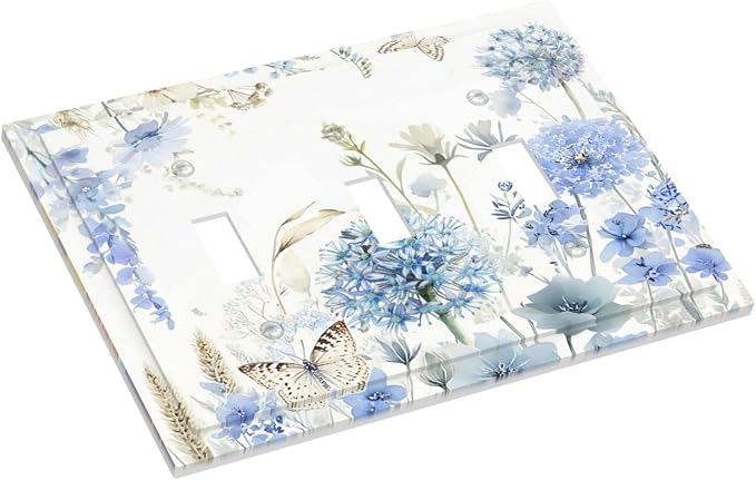 Decorative Light Switch Cover Plate Blue Floral Hydrangea Watercolor Wildflower 3 Gang Wall Plate Triple Toggle Switch Plate Covers 3 Hole Electrical Switchplate Dimmer Faceplate for Bathroom - Image 3