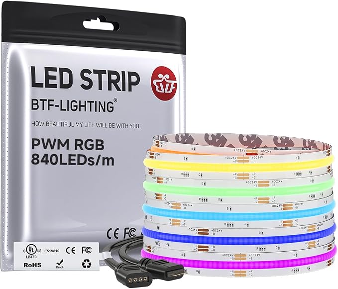BTF-LIGHTING 16.4FT UL Listed RGB COB LED Strip DC24V Color Changing Light by BTF-LIGHTING