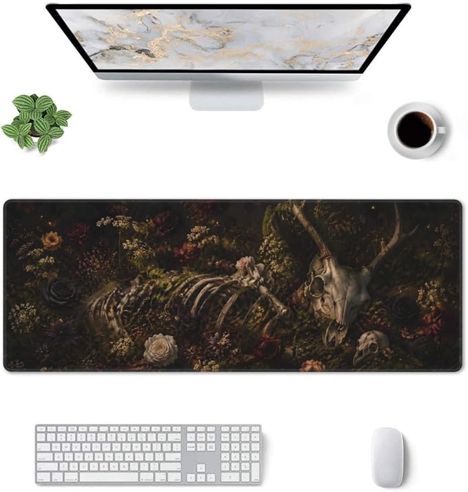 Dark Floral Skull Large Mouse Pad Desk Mat Non Slip Rubber Base Stitched Edges Office Gaming - Image 3