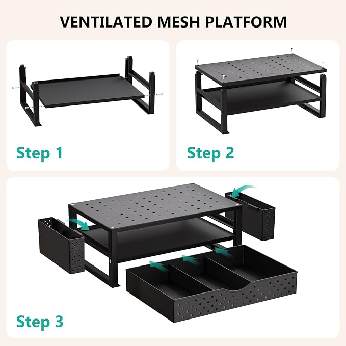 WALI Monitor Stand Riser with Drawer and 2 Pen Holders | Desk Organizers and Accessories for Computer, Printer, Laptop Stand for Home Office Supplies, (PTT004-B), 1 Pack, Black - Image 9