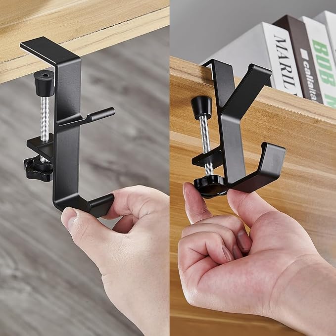 YUANQIAN Clamp-On Under Desk Headphone Holder Backpack Hook Students' Desk Hook with Adjustable Arm Clamp Women's Bag Handbag and Purse Holder -Suitable for Plate Between 1-5cm (3Pack Black, 3) - Image 6