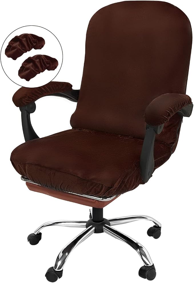 NeColorLife Velvet Office Chair Cover with Armrest Covers, Large, Brown | Soft stretch velvet fabric, fits large high-back office and executive chairs, includes 2 armrest covers, washable and elastic by NeColorLife