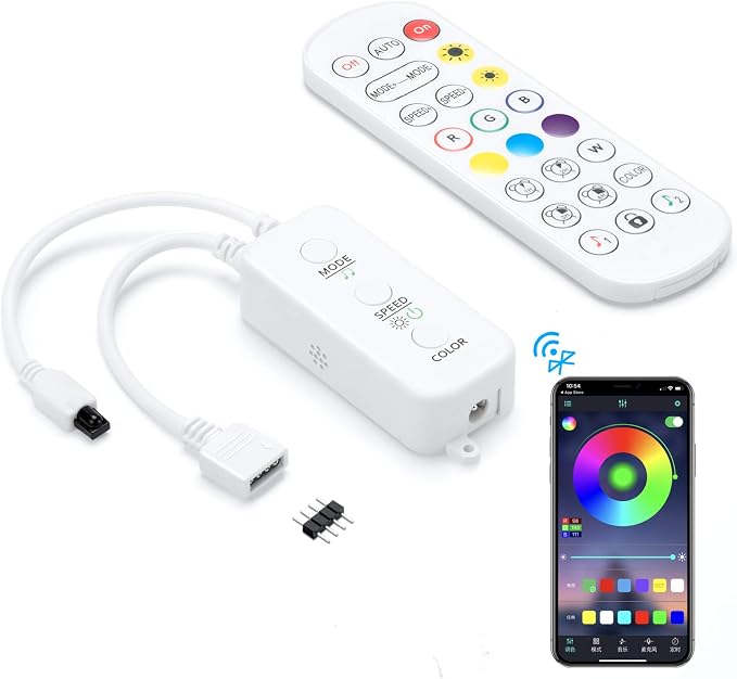 RGB LED Strip Light Controller, with APP, Music Sync and IR Remote, with Unlimited Colors and Pin Modify Feature Compatible with 5V-24V All 4-pin 10mm RGB LED Strip via Bluetooth Connection by Sunity