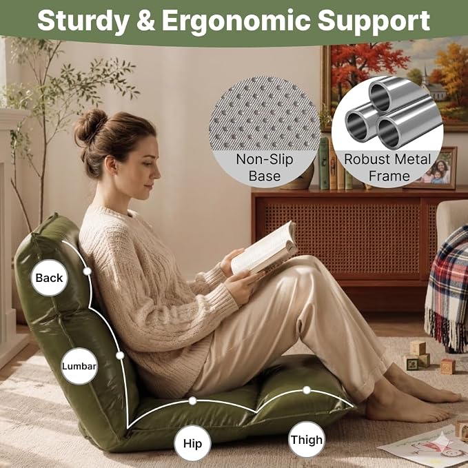 Floor Chair with Back Support, 42-Position Adjustable Gaming Chair for Adults, Faux Leather Floor Lounger, Reading Chairs with Neck Support, Foldable Floor Seat for Sleeping (Green Black) - Image 3