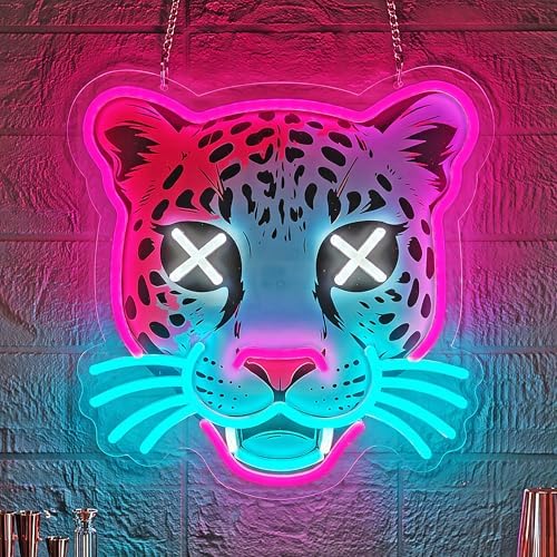 Leopard Neon Sign, Pink & Ice Blue LED Light for Wall Decor by AuraCraft